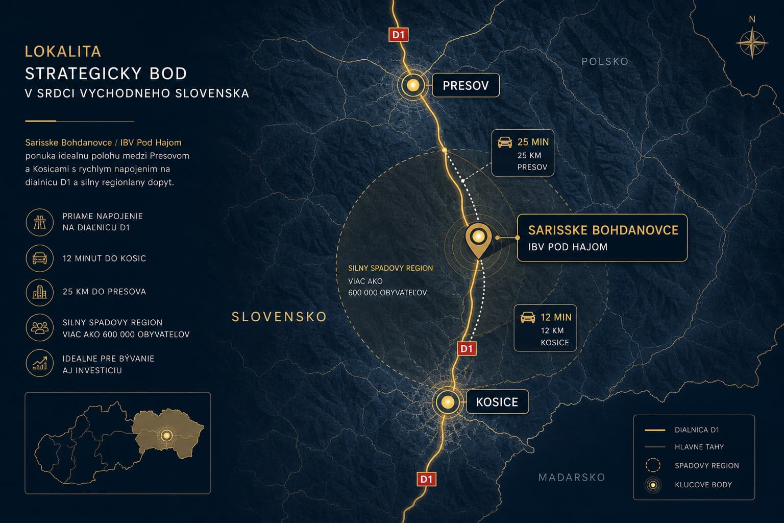 Mapa polohy projektu IBV Pod Hájom medzi Košicami a Prešovom